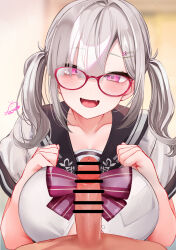 1boy 1girl bar_censor blush bow bowtie breasts brown_sailor_collar censored collarbone fangs festa11307070 glasses grey_hair grey_serafuku huge_breasts long_hair looking_at_viewer nijisanji open_mouth penis pink-framed_eyewear pink_bow pink_bowtie pink_eyes sailor_collar school_uniform serafuku short_sleeves smile solo_focus sukoya_kana sukoya_kana_(3rd_costume) twintails virtual_youtuber