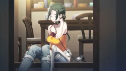1girl architecture asymmetrical_bangs bare_shoulders black_hair blue_pants bottle breasts cleavage closed_eyes collar collarbone corded_phone dining_room east_asian_architecture exoskeleton fukuda_tomonori game_cg hair_ornament hairpin highres holding holding_phone irei_mizuka lace-trimmed_collar lace-trimmed_tank_top lace_trim long_hair medium_breasts night non-web_source official_art open_mouth pants phone ponytail porch prosthesis red_collar robotics;notes sitting sliding_doors solo tank_top tongue water_bottle