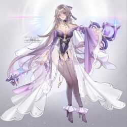 1girl alternate_costume artist_name bare_shoulders black_thighhighs breasts bridal_veil brown_hair commentary detached_sleeves garter_straps grey_background herta_(honkai:_star_rail) high_heels highres holding holding_staff honkai:_star_rail honkai_(series) leotard long_hair medium_breasts princess_ailish purple_eyes purple_footwear purple_leotard see-through_clothes see-through_veil solo staff the_herta_(honkai:_star_rail) thighhighs thighs veil