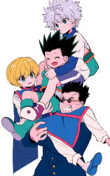 4boys ^_^ arms_around_neck belt black_belt black_hair blonde_hair blue_eyes blue_shirt blue_shoes blue_suit blue_tabard boots buttons carrying clenched_teeth closed_eyes closed_mouth dot_mouth formal_clothes gon_freecss green_boots green_jacket green_shorts hair_between_eyes highres hunter_x_hunter jacket killua_zoldyck kurapika layered_clothes layered_sleeves leorio_paladiknight long_sleeves male_focus multiple_boys open_mouth pants piggyback princess_carry red_trim round_eyewear sanamaru_(sana79261827) shirt shoes short_hair short_over_long_sleeves short_sleeves shorts simple_background slippers small_sweatdrop sneakers striped_clothes striped_shorts suit sunglasses sweat t-shirt tabard teeth triangle_mouth v-shaped_eyebrows vertical-striped_clothes vertical-striped_shorts white_background white_hair white_pants white_shirt