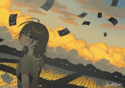 1girl blush brown_eyes brown_hair closed_mouth cloud cloudy_sky commentary dusk english_commentary highres long_hair looking_at_viewer looking_back original outdoors paper rice_paddy scenery sky solo upper_body wind zinbei