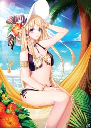 beach bikini blonde_hair blue_eyes breasts cleavage earrings elf highres jewelry mabinogi outdoors pointy_ears portia_(mabinogi) roul swimsuit