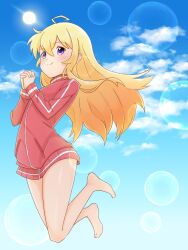 Rule 34 | 1girl, antenna hair, aoi illust 2077, barefoot, blonde hair, blue background, blush, closed mouth, cloud, dot nose, feet, female focus, fur trim, gabriel dropout, gabriel tenma white, highres, jacket, long hair, long sleeves, looking at viewer, no pants, no shoes, no socks, own hands clasped, purple eyes, simple background, sky, smile, solo, sun, track jacket