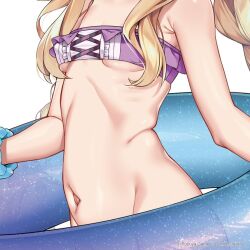 1girl bare_arms bare_shoulders bikini blonde_hair braid breasts copyright_notice head_out_of_frame highres innertube little_witch_nobeta long_hair navel navel_focus nobeta nobeta_(witch_skin) official_alternate_costume official_art purple_bikini simple_background small_breasts solo stomach stomach_focus strapless strapless_bikini swim_ring swimsuit twin_braids underboob white_background