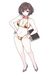 1girl absurdres alternate_costume bare_legs bikini brown_hair cameltoe collarbone full_body gakuen_idolmaster gold_bikini groin highres idolmaster looking_at_viewer navel neo_asari ribs short_hair simple_background smile solo stomach string_bikini swimsuit ushimochi white_background