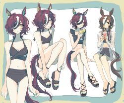 2girls animal_ears bare_arms bare_shoulders bikini black_bikini black_sandals blue_nails blush braid breasts brown_eyes brown_hair collarbone commentary_request crossed_legs cup drinking_straw eyepatch flip-flops full_body hair_over_one_eye hair_over_shoulder high_heel_sandals highres holding holding_cup horse_ears horse_girl horse_tail ice ice_cube invisible_chair long_hair multicolored_hair multiple_girls nail_polish navel purple_hair sandals single_braid sitting small_breasts standing streaked_hair subaru_(user_tmwv7722) swimsuit tail tanino_gimlet_(umamusume) toenail_polish toenails umamusume very_long_hair vodka_(umamusume) white_hair