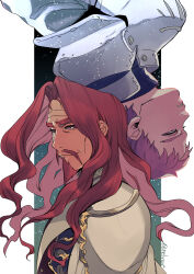 2boys age_comparison armor beard british_(rance) commentary_request dual_persona facial_hair hayasaka long_hair male_focus multiple_boys mustache rance_(series) red_hair rotational_symmetry smile upper_body