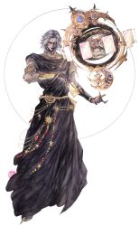 Rule 34 | 1boy, absurdres, armlet, astrologian (final fantasy), black dress, bracelet, card, dress, elezen, elf, facial tattoo, final fantasy, final fantasy xiv, floating, floating card, floating object, floating weapon, full body, grey hair, highres, holding, holding card, jewelry, looking at viewer, male focus, neck ring, pointy ears, ring, ruoyi120, short hair, simple background, solo, standing, tattoo, urianger augurelt, white background