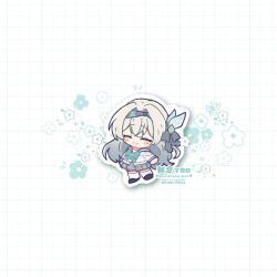 1girl black_hairband black_ribbon blush bow bowtie checkered_clothes checkered_skirt closed_eyes closed_mouth firefly_(honkai:_star_rail) firefly_(spring_missive)_(honkai:_star_rail) floral_background flower gradient_hair green_bow green_bowtie grey_hair grey_shirt grid_background hair_between_eyes hair_intakes hair_ornament hair_ribbon hairband honkai:_star_rail honkai_(series) macaroon_mcr2 multicolored_hair pleated_skirt ribbon shirt skirt smile solo twitter_username