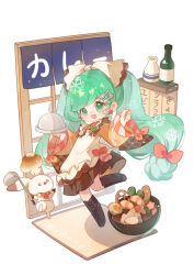 1girl absurdres animal apron aqua_eyes aqua_hair black_boots boots bottle bow bow_apron bowl bowtie braid brooch brown_bow brown_bowtie brown_hakama carpet chibi clenched_hand clothed_animal door dot_nose earrings eyelashes flower_earrings food_request fork frilled_apron frills hair_bow hair_ornament hairclip hakama hakama_skirt hardboiled_egg hatsune_miku highres holding holding_ladle holding_plate jacket japanese_clothes jewelry jumping kimono knee_boots lace-up_boots ladle leg_up light_blush light_particles long_hair long_sleeves looking_at_viewer low-tied_long_hair multiple_hair_bows neckerchief o_o open_mouth orange_kimono pink_bow pink_neckerchief plate rabbit rabbit_yukine sake_bottle shelf short_kimono shrimp simple_background skirt sleeve_bow smile snowflakes souffle_(food) spoon standing swept_bangs tareme tokkuri twin_braids very_long_hair vocaloid white_apron white_background white_bow white_jacket wide_sleeves you_yi_zhi_dawan yuki_miku yuki_miku_(2024)