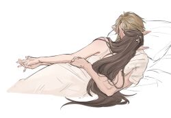 1boy 1girl arm_around_waist bed_sheet blonde_hair brown_hair couple dress grey_dress grey_shirt hetero holding_hands interlocked_fingers kurokawa_karasu link long_hair nintendo on_bed pillow pointy_ears princess_zelda shirt short_hair short_sleeves sleeveless sleeveless_dress the_legend_of_zelda the_legend_of_zelda:_twilight_princess white_background