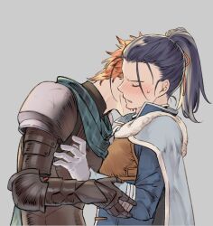 2boys armor black_hair blue_cape blush breastplate cape collared_cape commentary english_commentary felix_hugo_fraldarius fire_emblem fire_emblem:_three_houses fire_emblem_warriors:_three_hopes fur_trim gauntlets gloves green_scarf grey_background hand_on_another&#039;s_arm kiss kissing_neck leather_armor long_sleeves male_focus multiple_boys natsuyon nervous_sweating nintendo orange_hair parted_lips patterned_clothing pauldrons ponytail popped_collar profile scarf short_hair short_sideburns shoulder_armor simple_background sweat sylvain_jose_gautier upper_body white_fur white_gloves white_trim yaoi