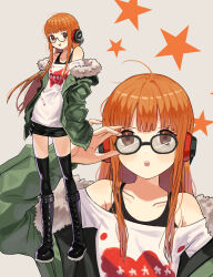 1girl absurdres adjusting_eyewear ahoge bare_shoulders belt black-framed_eyewear black_belt black_boots black_shorts black_tank_top black_thighhighs blunt_bangs boots brown_eyes collarbone dot_nose full_body fur_trim glasses green_jacket grey_background hand_up hands_in_pockets headphones highres hood hood_down jacket lace-up_boots layered_sleeves light_blush long_hair looking_at_viewer multiple_views off_shoulder open_mouth orange_hair persona persona_5 print_shirt sakura_futaba semi-rimless_eyewear shirt short_shorts shorts sidelocks simple_background smile standing star_(symbol) straight_hair studded_belt tank_top teeth thighhighs upper_teeth_only very_long_hair white_shirt yomyompi