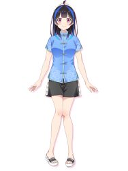 1girl black_hair black_shorts blue_hair blue_shirt breasts chinese_clothes closed_mouth drop_shadow full_body highres kanojo_okarishimasu knees_together_feet_apart medium_breasts multicolored_hair official_art pink_eyes sandals shirt short_sleeves shorts simple_background slides solo standing straight-on streaked_hair tachi-e transparent_background yaemori_mini