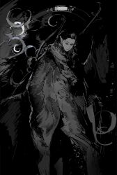 Rule 34 | 1boy, alternate costume, baldur&#039;s gate, baldur&#039;s gate 3, black hair, cazador szarr, coat, dungeons & dragons, dungeons &amp; dragons, earrings, greyscale, hair slicked back, highres, jewelry, long sleeves, male focus, monochrome, monolids, pointy ears, solo, vihua6