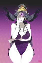 1girl absurdres breasts cleavage colored_skin earrings female_focus forehead_jewel gluteal_fold gradient_background hades_(series) hades_1 highres jewelry large_breasts leotard lipstick long_hair looking_at_viewer makeup mature_female nyx_(hades) r3dfive solo thick_thighs thigh_gap thighs white_skin wide_sleeves yellow_eyes