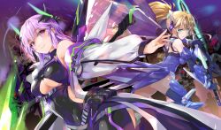 2girls absurdres arm_armor bare_shoulders beta_(starward) blonde_hair blue_eyes breasts deucalion_(starward) high_ponytail highres holding holding_sword holding_weapon komatsu_eiji large_breasts leg_armor long_hair mecha_musume mechanical_wings medium_breasts multiple_girls pantyhose polearm ponytail purple_eyes purple_hair robot skin_tight spear starward sword underboob weapon wings