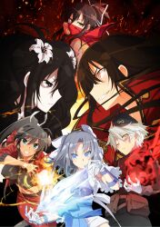 6+girls absurdres angry armor artist_request asuka_(senran_kagura) belt_pouch black_background black_eyes black_fire black_hair black_sports_bra blue_bow blue_eyes blue_hakama blush bow breasts brown_eyes buttons cape closed_mouth covered_erect_nipples cryokinesis dark-skinned_female dark_skin double-breasted embers energy evil_smile fire fireball flower frilled_kimono frills fubuki_(senran_kagura) gessen_academy_school_uniform gloves green_eyes grey_hair grin hair_between_eyes hair_bow hair_flower hair_ornament hair_ribbon hakama hanzou_academy_school_uniform hat hebijo_academy_school_uniform high_ponytail highres homura_(senran_kagura) ice ice_crystal ice_shard infinity_symbol jacket japanese_armor japanese_clothes kagura_(senran_kagura) kimono kote kurokote large_breasts lily_(flower) linea_alba long_hair long_sleeves looking_at_another looking_at_viewer looking_back military_hat military_uniform miyabi_(senran_kagura) multiple_girls muneate mystical_high_collar navel official_art pale_skin pants parted_bangs ponytail pouch pyrokinesis red_cape red_eyes red_jacket red_pants red_scarf red_track_suit ribbon scarf scarf_over_mouth school_emblem school_uniform senran_kagura senran_kagura_new_link senran_kagura_shinovi_versus senran_kagura_shoujo-tachi_no_shin&#039;ei shirt short_hair short_ponytail short_sleeves skirt slit_pupils smile smirk sparks sports_bra standing striped_bow sweater_vest symbol-shaped_pupils tan teeth track_jacket track_pants track_suit v-shaped_eyebrows very_long_hair white_bow white_flower white_gloves white_hair white_kimono white_lily white_ribbon white_shirt yellow_eyes yellow_sweater_vest yumi_(senran_kagura)