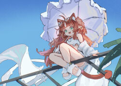 1girl animal_ears arknights bikini cat_ears cat_girl cat_tail chack520 green_eyes highres holding holding_umbrella kemonomimi_mode long_hair myrtle_(arknights) myrtle_(summer_flowers)_(arknights) official_alternate_costume parasol pointy_ears red_hair sandals sketch solo swimsuit tail toes umbrella white_bikini white_sandals white_umbrella