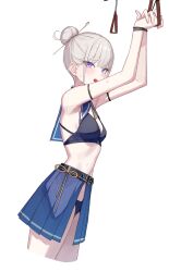 1girl arm_strap armpits arms_up bare_shoulders bikini black_bikini blue_sailor_collar blue_skirt breasts cropped_legs hair_bun hair_ornament hairpin highres looking_at_viewer navel open_mouth original pleated_skirt purple_eyes sailor_collar side_slit simple_background skirt small_breasts solo stomach suumon sweat swimsuit white_background white_hair