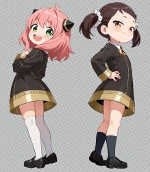2girls :d absurdres anya_(spy_x_family) becky_blackbell black_dress black_shoes blue_socks brown_hair child closed_mouth collared_shirt commentary dress english_commentary full_body green_eyes grey_background hair_ornament hair_scrunchie hairpods hand_on_own_hip highres kneehighs long_sleeves looking_at_viewer luxuriou_s mary_janes medium_hair multiple_girls neck_ribbon open_mouth pink_hair polka_dot polka_dot_background red_ribbon ribbon scrunchie shirt shoes short_twintails smile socks spy_x_family standing teeth thighhighs twintails upper_teeth_only white_scrunchie white_shirt white_thighhighs yellow_eyes