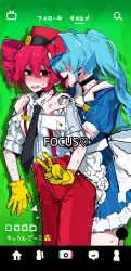 2girls absurdres anger_vein apron backdrop bent_v black_choker blue_dress blue_hair blue_shirt blush bow brown_eyes choker commentary cowboy_shot dress dry_humping emoji empty_eyes faceless faceless_female fake_phone_screenshot fake_screenshot green_screen hair_between_eyes hair_over_eyes hat hat_bow hatsune_miku highres hug hug_from_behind humping kasane_teto long_bangs long_hair looking_at_viewer mekyokyopon mesmerizer_(vocaloid) multiple_girls nose_blush open_mouth pants pink_hair puffy_short_sleeves puffy_sleeves red_bow red_hat red_pants shako_cap sharp_teeth shirt short_hair short_sleeves smile striped_clothes striped_shirt suspenders teeth tiktok tongue tongue_out translated twintails utau v visor_cap vocaloid waist_apron white_apron white_shirt wrist_cuffs yuri