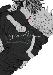 2boys bakugou_katsuki boku_no_hero_academia closed_eyes commentary_request freckles french_kiss from_side greyscale highres kiss male_focus midoriya_izuku monochrome multiple_boys naplus short_hair simple_background spiked_hair spot_color white_background yaoi