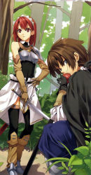 Rule 34 | 00s, 1boy, 1girl, apple, armor, blue eyes, brown hair, cecily cambell, eating, food, forest, fruit, hair ornament, highres, holding, holding sword, holding weapon, luke ainsworth, nature, red eyes, red hair, seiken no blacksmith, short hair, shoulder armor, pauldrons, sword, tree, weapon