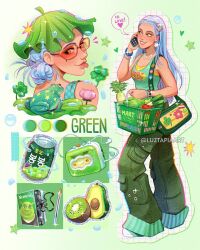 Rule 34 | 1girl, artist name, avocado slice, brown eyes, cellphone, clover, english text, food, four-leaf clover, frog, fruit, glasses, green hat, green pants, green tank top, green theme, grey hair, hat, highres, holding, holding phone, kiwi (fruit), kiwi slice, long hair, luztapiaart, multiple views, orange-tinted eyewear, original, pants, phone, shopping basket, shrek, shrek (series), smartphone, speech bubble, tank top, tinted eyewear, tongue, tongue out, watermark