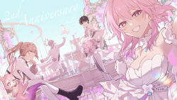 Rule 34 | 2boys, 2girls, absurdres, alternate costume, anniversary, bird, black boots, black hair, blue eyes, blue sky, boots, bouquet, breasts, cleavage, commentary request, dan heng (honkai: star rail), dove, dress, flower, formal clothes, fountain, grey hair, hatuki 82, highres, holding, holding bouquet, honkai: star rail, honkai (series), jacket, large breasts, looking at viewer, march 7th (honkai: star rail), mem (honkai: star rail), multicolored eyes, multiple boys, multiple girls, pants, pink fur, pink hair, short hair, sky, smile, star-shaped pupils, star (symbol), stelle (honkai: star rail), suit, sunday (honkai: star rail), symbol-shaped pupils, trailblazer (honkai: star rail), two-tone eyes, vest, white dress, white jacket, white pants, white vest
