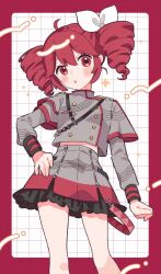 1girl :o ahoge binchou_maguro blush border drill_hair feet_out_of_frame frilled_skirt frills grey_shirt grey_skirt grid_background hair_ribbon hand_on_own_hip hashtag-only_commentary kasane_teto kasane_teto_(sv) long_sleeves looking_at_viewer open_mouth outside_border red_border red_eyes red_hair ribbon shirt short_hair skirt solo standing synthesizer_v twin_drills utau white_background white_ribbon