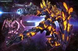 absurdres artist_request battle beam_cannon beam_rifle debris energy energy_gun firing glowing grenade_launcher gundam gundam_perfect_file gundam_unicorn highres machinery mecha mecha_focus mobile_suit nebula no_humans official_art painting_(medium) realistic robot scan science_fiction space traditional_media unicorn_gundam unicorn_gundam_banshee v-fin weapon zero_gravity