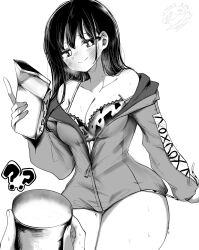 1girl 1other ? ?? animal_print ao_tanuki blush boku_no_kokoro_no_yabai_yatsu bra breasts cleavage closed_mouth collarbone cow_print cup dated dated_commentary greyscale highres holding holding_carton holding_cup holding_milk_carton large_breasts light_smile long_hair long_sleeves looking_at_viewer milk_carton mole mole_on_neck monochrome multiple_moles panties panty_peek partially_open_hoodie pov pov_hands side-tie_panties signature simple_background smug solo_focus strap_slip string_panties sweat thick_thighs thighs twitter_username underwear white_background yamada_anna