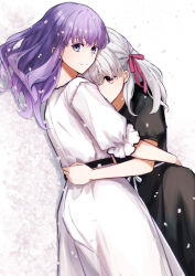 2girls absurdres belt black_belt black_dress closed_mouth commentary dark_persona dark_sakura dress dual_persona fate/stay_night fate_(series) hair_ribbon heaven&#039;s_feel highres hug long_hair looking_at_viewer lying matou_sakura multiple_girls nakanohiro petals pink_ribbon purple_eyes purple_hair red_eyes ribbon smile white_dress white_hair