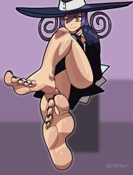 Rule 34 | 1girl, absurdres, ass, barefoot, blair (soul eater), dress, feet, hat, highres, long sleeves, nail polish, one eye closed, purple hair, reathroch, smirk, soles, soul eater, toenail polish, toenails, toes, wink, witch hat, yellow eyes