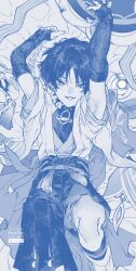 1boy arms_up belt blunt_ends bodysuit bow bridal_gauntlets cmpsnoki curled_fingers fingernails from_above furisode gem genshin_impact grin hakama hakama_shorts han&#039;eri hat highres japanese_clothes jingasa kimono knee_up layered_kimono layered_sleeves leg_warmers leggings looking_at_viewer lying male_focus monochrome on_back open_clothes open_hands open_kimono parted_lips pleated_shorts rope sash scaramouche_(genshin_impact) short_sleeves shorts shoulder_peek smile solo tassel tsurime twitter_username unworn_hat unworn_headwear vision_(genshin_impact) wanderer_(genshin_impact) watermark