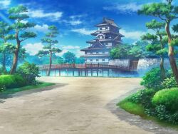 architecture artist_request blue_sky bridge bush castle cloud day east_asian_architecture fence game_cg light_rays magia_record:_mahou_shoujo_madoka_magica_gaiden mahou_shoujo_madoka_magica no_humans official_art outdoors path river road scenery shade sky sunlight tree