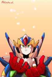1boy android armor falcon_armor_x_(mega_man) forehead_jewel gradient_hair helmet hiyoko_ai male_focus mega_man_(series) mega_man_x_(series) multicolored_hair orange_background petals simple_background solo twitter_username upper_body white_armor white_helmet x_(mega_man)