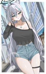 1girl absurdres animal_ear_fluff animal_ears asukarinn3 black_halo blue_archive broken_halo cross cross_hair_ornament dark_halo extra_ears grey_hair hair_ornament halo highres inverted_cross mismatched_pupils shiroko_(blue_archive) shiroko_terror_(blue_archive) solo wolf_ears wolf_girl