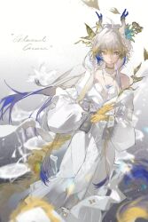 Rule 34 | 1girl, ambience synesthesia, arknights, bare shoulders, blonde hair, blue hair, chinese commentary, choker, closed mouth, colored extremities, commentary request, dragon girl, dragon horns, dress, gradient background, grey background, grey eyes, hair between eyes, hewu639356, highres, horns, jewelry, lens flare, light smile, long hair, long sleeves, looking to the side, multicolored hair, necklace, off shoulder, official alternate costume, pearl necklace, shu (arknights), shu (bingwenyuyou) (arknights), solo, white background, white dress, white hair, yellow choker