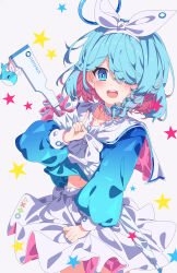 1girl absurdres arona_(blue_archive) blue_archive blue_eyes blue_hair blue_halo blue_shirt chinese_commentary commentary hairband halo highres hua-huahua one_eye_covered pink_hair sailor_collar shirt simple_background skirt solo star_(symbol) umbrella umbrella_gun white_background white_hairband white_sailor_collar white_skirt