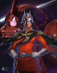 Rule 34 | 1boy, adam ryu ford, belt, blonde hair, char aznable, gloves, gundam, hands on own hips, helmet, highres, looking at viewer, male focus, military uniform, mobile suit, mobile suit gundam, solo, space, white gloves, zaku ii s char custom, zeon