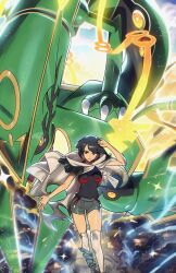 1girl absurdres belt black_hair breasts brown_hair cape cloak closed_mouth dark-skinned_female dark_skin gen_3_pokemon grey_cape grey_shorts highres legendary_pokemon looking_at_viewer medium_breasts mega_pokemon mega_rayquaza nintendo over-kneehighs pokemon pokemon_(creature) pokemon_oras ponytail rayquaza red_belt red_eyes rope_belt ryairyai shirt short_hair short_ponytail short_shorts shorts solo thighhighs zinnia_(pokemon)