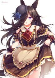 :o absurdres animal_ears apron ascot asymmetrical_bangs bare_shoulders black_hat blue_flower blue_rose brown_apron brown_dress brown_hair buttons commentary_request cosplay cowboy_shot detached_collar double-breasted dress flipped_hair flower frilled_apron frills gem hair_over_one_eye hat hat_flower highres horse_ears horse_girl horse_tail kanzakietc long_hair looking_at_viewer medium_dress mihono_bourbon_(code:glassage)_(umamusume) mihono_bourbon_(umamusume) mihono_bourbon_(umamusume)_(cosplay) nigekiri_sisters_(umamusume) open_mouth purple_eyes red_ascot red_brooch red_gemstone rice_shower_(umamusume) rose simple_background skirt_hold sleeveless sleeveless_dress tail tilted_headwear twitter_username umamusume underbust waist_apron white_background wrist_cuffs