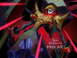 1boy 5-en armor black_cape black_hat cape colored_skin cowboy_shot digimon digimon_(creature) eye_mask gold_armor grey_skin gun handgun hat male_focus open_mouth red_background red_eyes solo twitter_username voltobautamon weapon