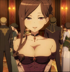 Rule 34 | bare shoulders, breasts, brown hair, cleavage, collarbone, dorothy (princess principal), dress, highres, large breasts, looking at viewer, princess principal, purple eyes, stitched, third-party edit