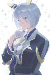 1girl 9nyo animal_ears black_jacket blue_hair closed_mouth commentary ear_covers gloves half_gloves highres horse_ears horse_girl jacket k.s.miracle_(umamusume) long_sleeves looking_at_viewer purple_eyes short_hair simple_background solo sparkle umamusume upper_body white_background white_gloves