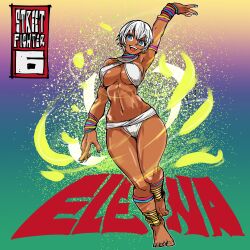 1girl absurdres anklet armlet barefoot bikini blue_eyes bracelet breasts calflet capcom dark-skinned_female dark_skin earrings elena_(street_fighter) highres igawa20000volt jewelry large_breasts nail_polish navel neck_ring short_hair smile solo street_fighter street_fighter_6 swimsuit underboob white_hair