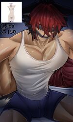1boy animal_ears bandaged_arm bandages bdsm blindfold bondage bound boxers dog_boy highres jewelry komano_manato large_pectorals male_underwear multicolored_hair multiple_scars muscular muscular_male necklace pectorals scar shirt short_hair sleeveless sleeveless_shirt solo underwear white_shirt zenless_zone_zero