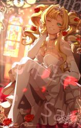 1girl blonde_hair collarbone commission dated dress drill_hair flower granblue_fantasy one_eye_closed rose sample_watermark signature skeb_commission smile solo teeth tinybiard watermark white_dress zeta_(granblue_fantasy)
